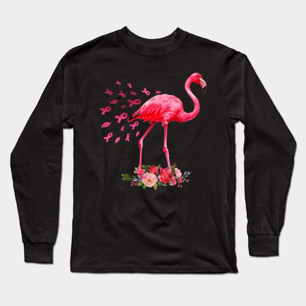 Flamingo Pink Ribbon Breast Cancer Awareness Long Sleeve T-Shirt by cruztdk5